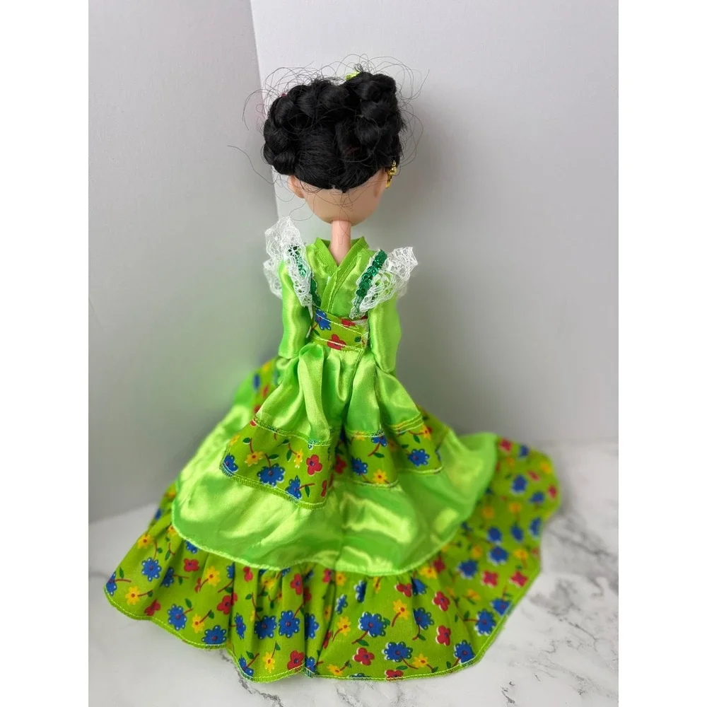 Frida Kahlo Doll Green Dress Earrings Flower Tiara Great Condition